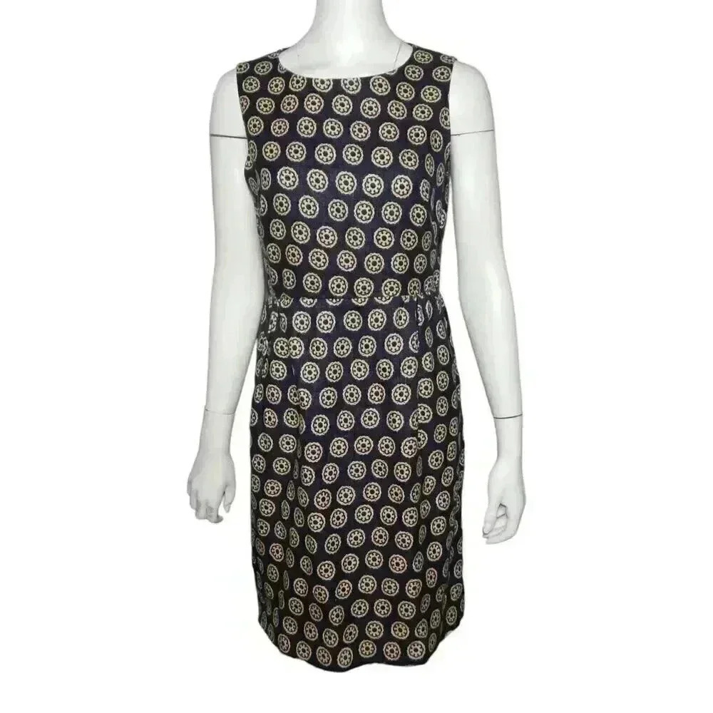J.Crew Collection Roxy Racer Shift Dress Printed Heavy Linen Blue Beige Size 6